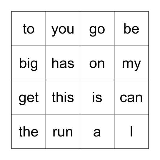Sight Word Bingo Card