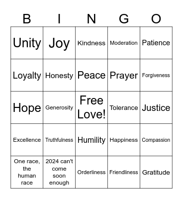 Viirtues for Life Bingo Card