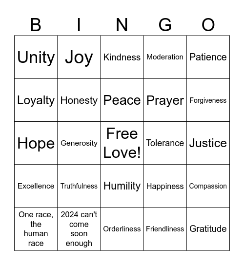 Viirtues for Life Bingo Card