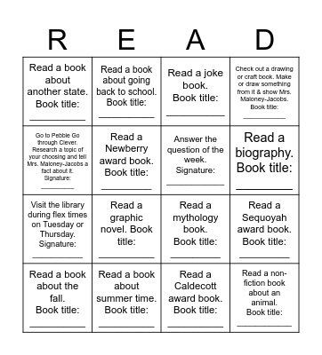 Back to School Book Bingo Card