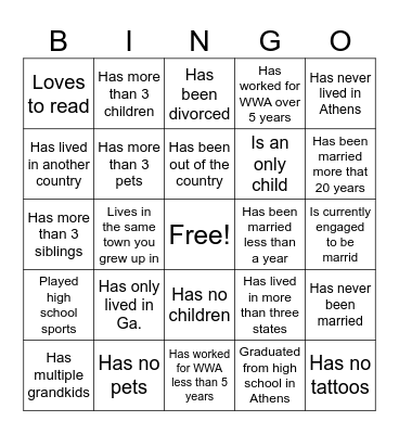 Getting to know you BINGO Card