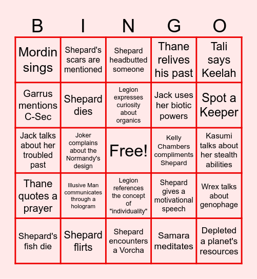 Mass Effect 2 marathon Bingo Card