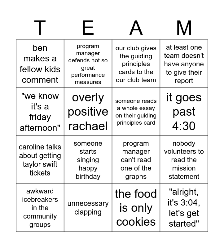 All Team Meeting Bingo Card