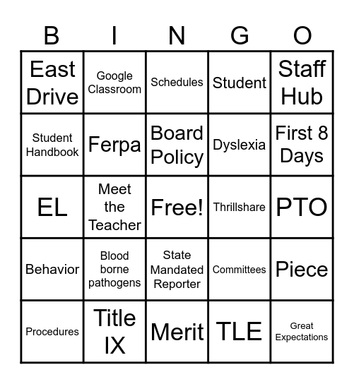 East Elementary Bingo Card