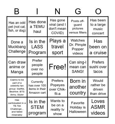 Find Someone Who-TRIO Edition-Try to get a BINGO Blackout (choose a different person for each square and write their name in the box) Bingo Card