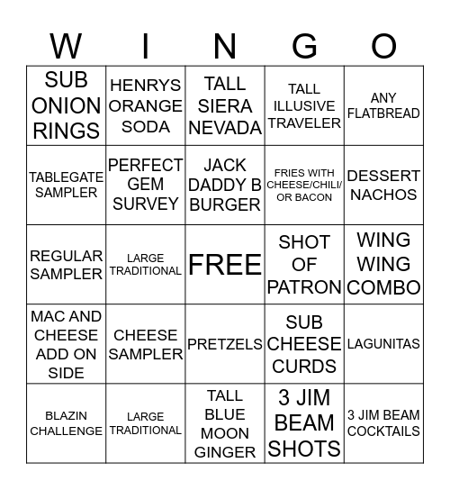 $$ BWW WINGOOOO!!!!!!!!!!!! $$ Bingo Card