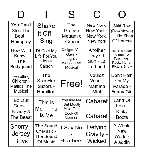 MUSICALS AUGUST 23 Bingo Card