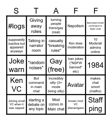 Staff team Silliness Bingo Card