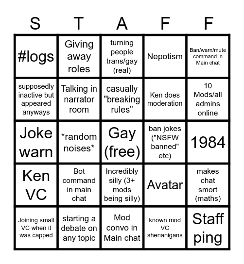 Staff team Silliness Bingo Card