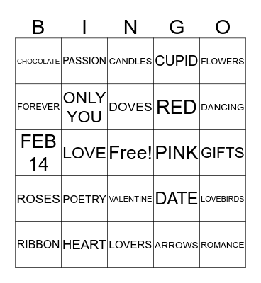 Valentines day Bingo Card