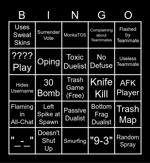 Valorant Bingo Card