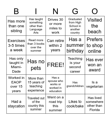 Back to School Bingo Card