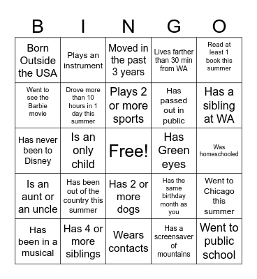 WA Freshman Bingo Card