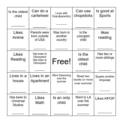 First Day of School Bingo Card