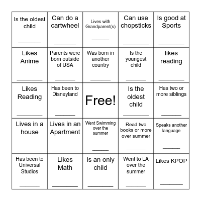 First Day of School Bingo Card