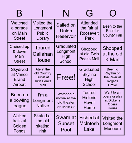 Longmont Bingo! Bingo Card