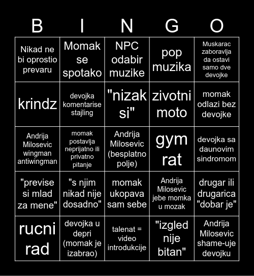 Izvedi me Bingo Card