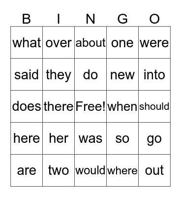 Trick Words Bingo Card