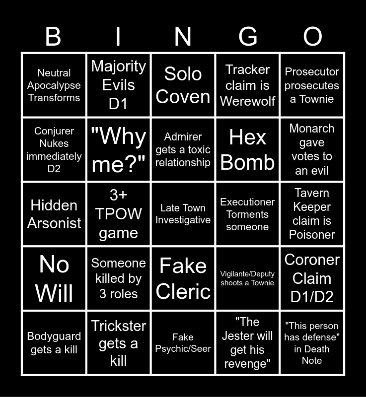 Town of Salem 2 BINGO BOARD Bingo Card