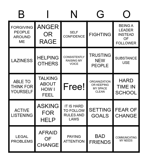 MY WEAKNESSES OR AREAS FOR CHANGE Bingo Card