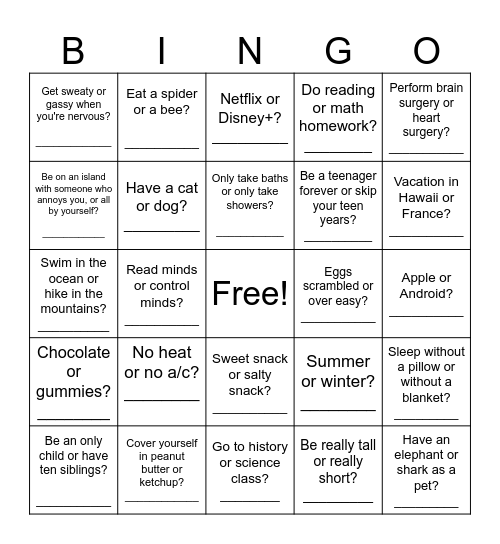 Would You Rather... Bingo Card