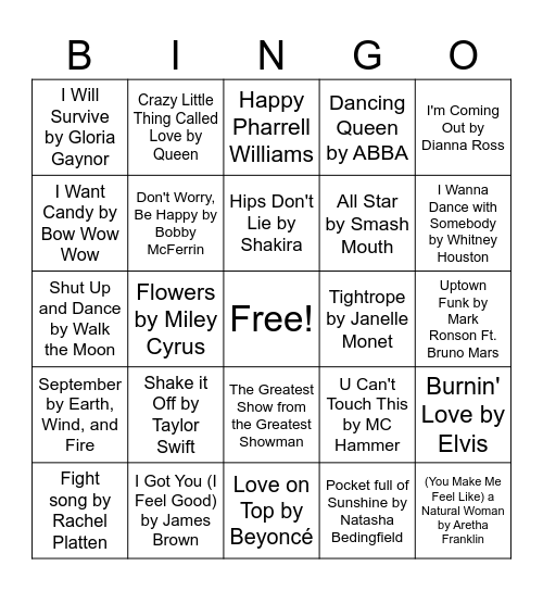 Feel Good Music Bingo Card