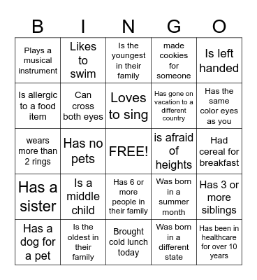 Get to know you Bingo Card