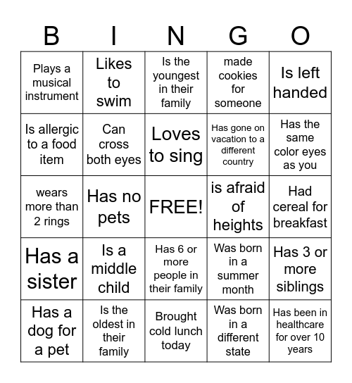 Get to know you Bingo Card