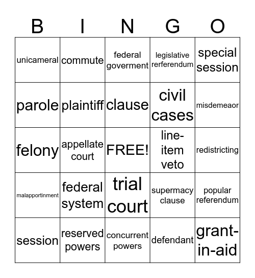 State Government Bingo Card