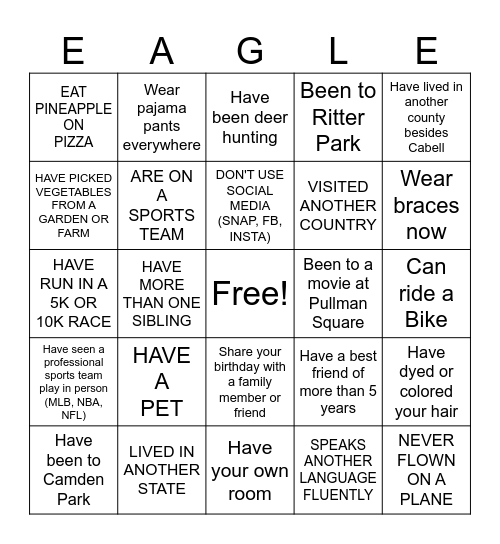 ABOUT ME EAGLE BINGO Card