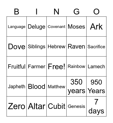 Noah Bingo Card