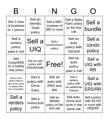Geico Sales Bingo!!! Bingo Card