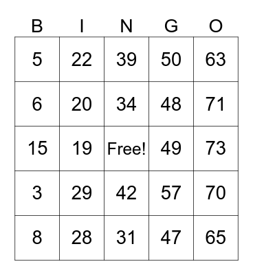 Number Bingo Card