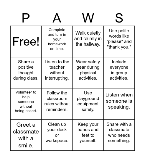 P.A.W.S Bingo Card