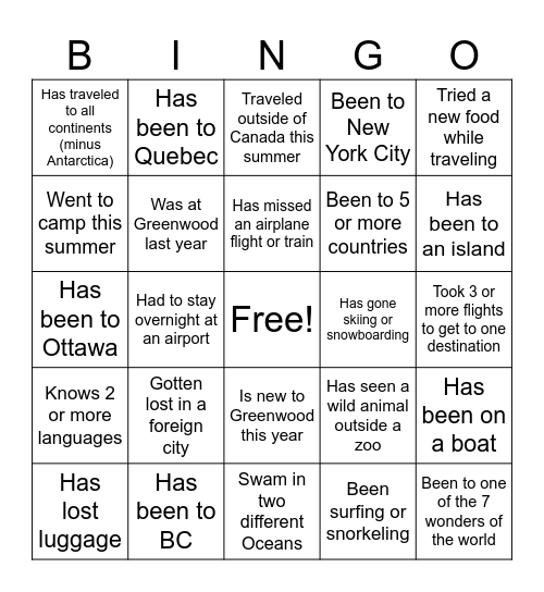Canadian Geography Ice breaker Bingo Card