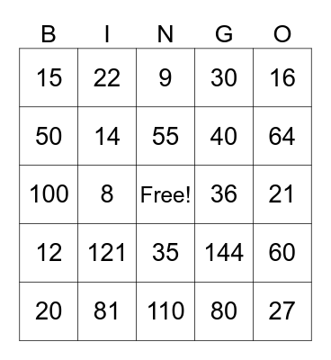 Math Facts Bingo!! Bingo Card