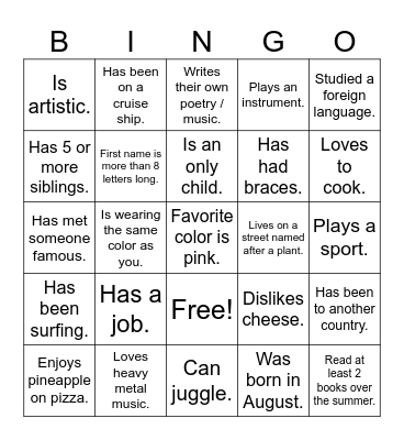 Human Scavenger Hunt Bingo Card
