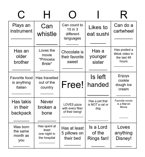 Get to know your choir peeps! Bingo Card