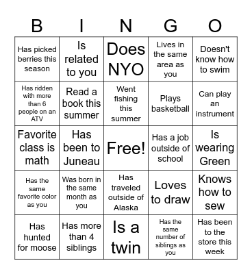 Getting to Know you Bingo Card