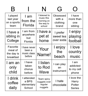 CHOIR BINGO! Bingo Card