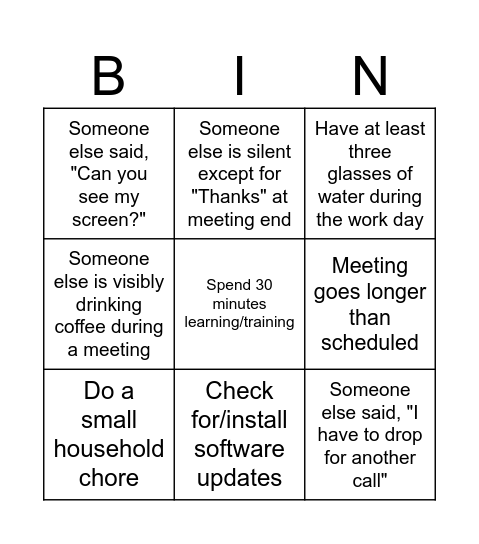 Remote Work Bingo Card