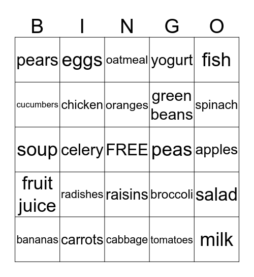 Healthy Foods Bingo Card