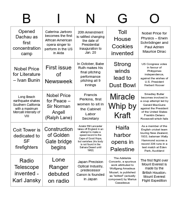 1933 Bingo Card