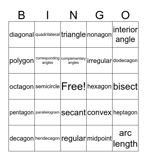 Polygons and Circles Bingo Card