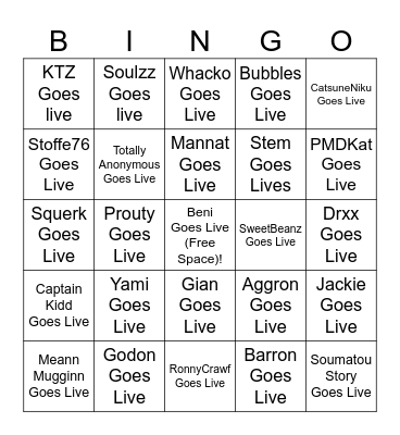 Terrra's Streamer Bingo Card