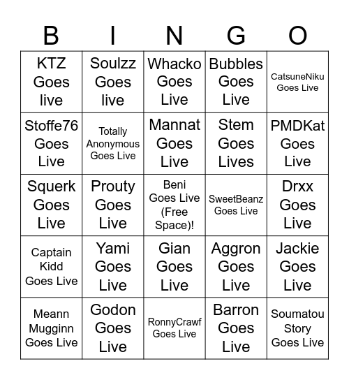 Terrra's Streamer Bingo Card