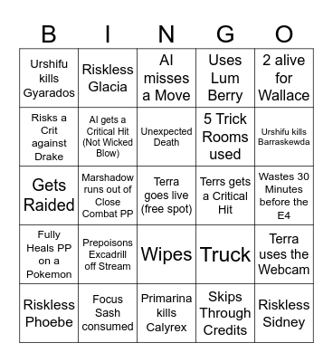 Terras Run&Bun Elite Four Bingo Card