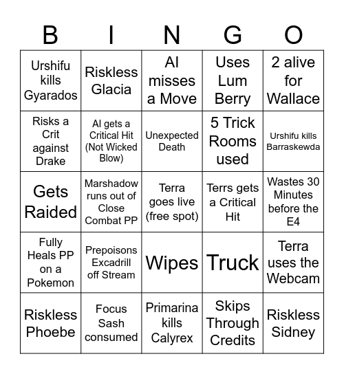 Terras Run&Bun Elite Four Bingo Card