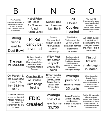 1933 Bingo Card