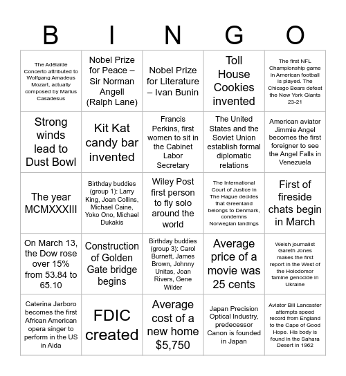 1933 Bingo Card